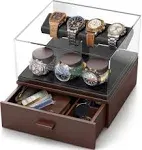 Watch Display Case - Mens Wood Watch Stand - PU Leather Walnut - 7 watch