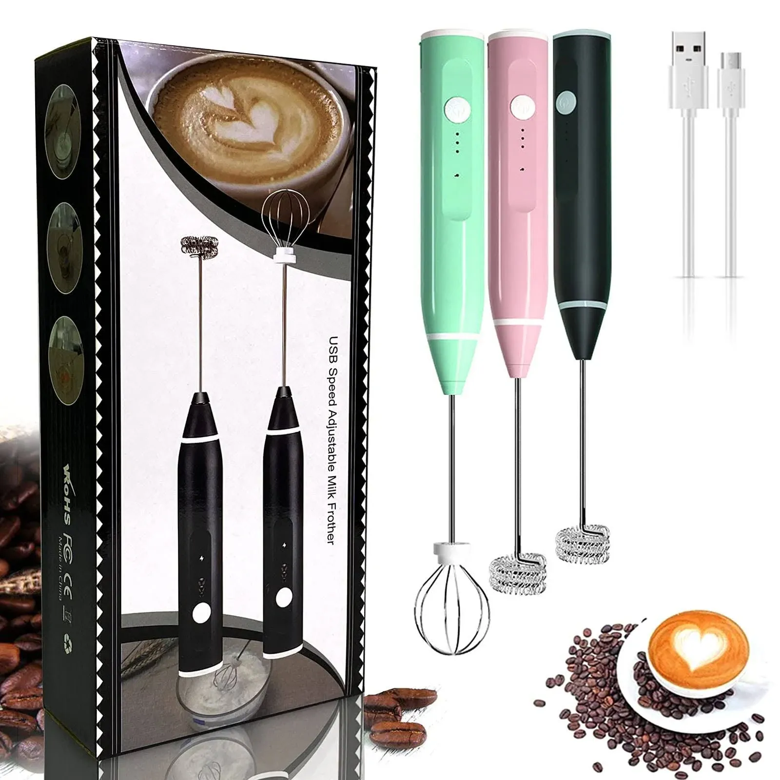 Milk Frother Handheld USB Rechargeable Electric Foam Maker with 2 Stainless whisks, 3 Speeds Mini Milk Foamer Drink Mixer Mini Blender for Bulletproof Coffee Latte Cappuccino Hot Chocolate (Green)