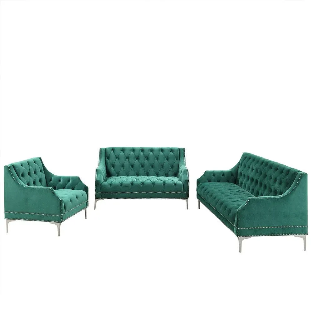 Modern Three-Piece Sofa Set With Metal Legs, Buttoned Tufted Backrest, Frosted