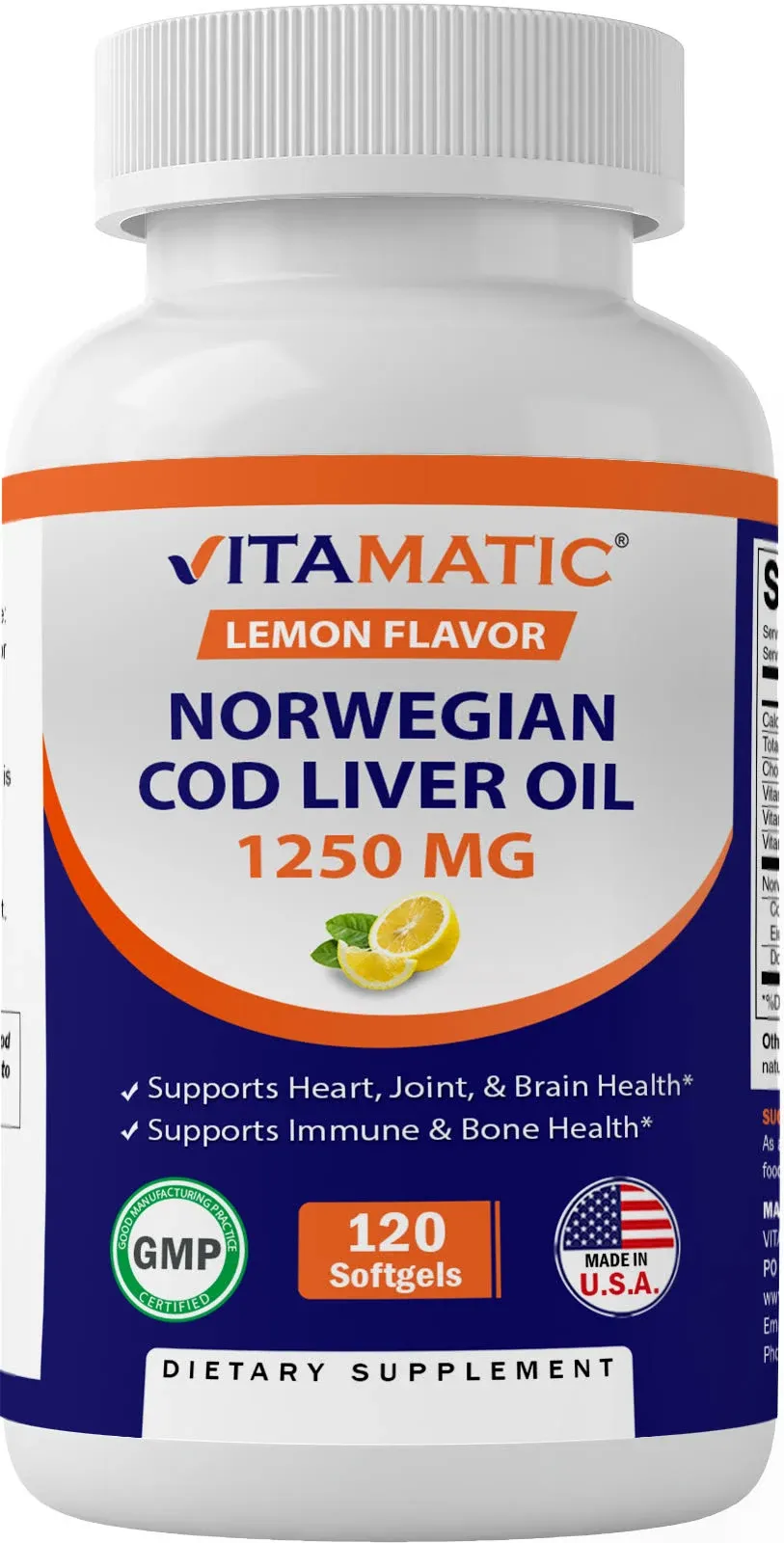 Vitamatic 2 Pack Norwegian Cod Liver Oil 1250mg Total 240 Softgels (lemon Flavor) Promotes Cardiovascular Health