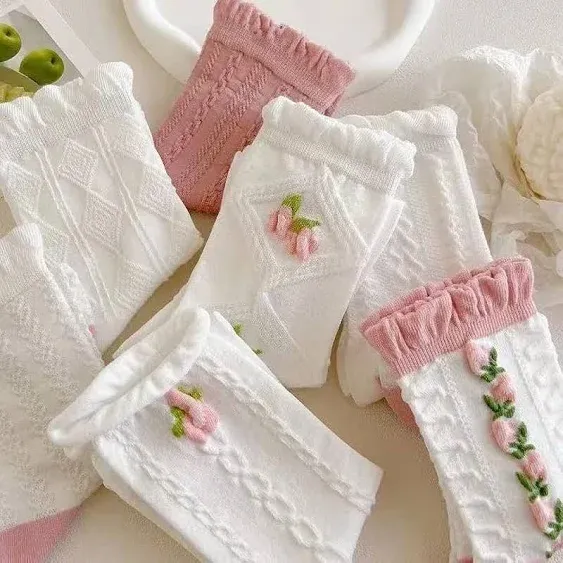 5 Pairs White Cute Socks Women&#039;s Lace Ruffles Ankle Casual Sock Cottagecore B...