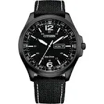 NEW Citizen Mens Watch AW0115-03E Eco-Drive Black Dial Day Date Leather Canvas