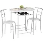 VECELO 3 Piece Small Round Dining Table Set for Kitchen Breakfast Nook, Wood Grain Tabletop with Wine Storage Rack, Save Space, 31.5", White & Silver