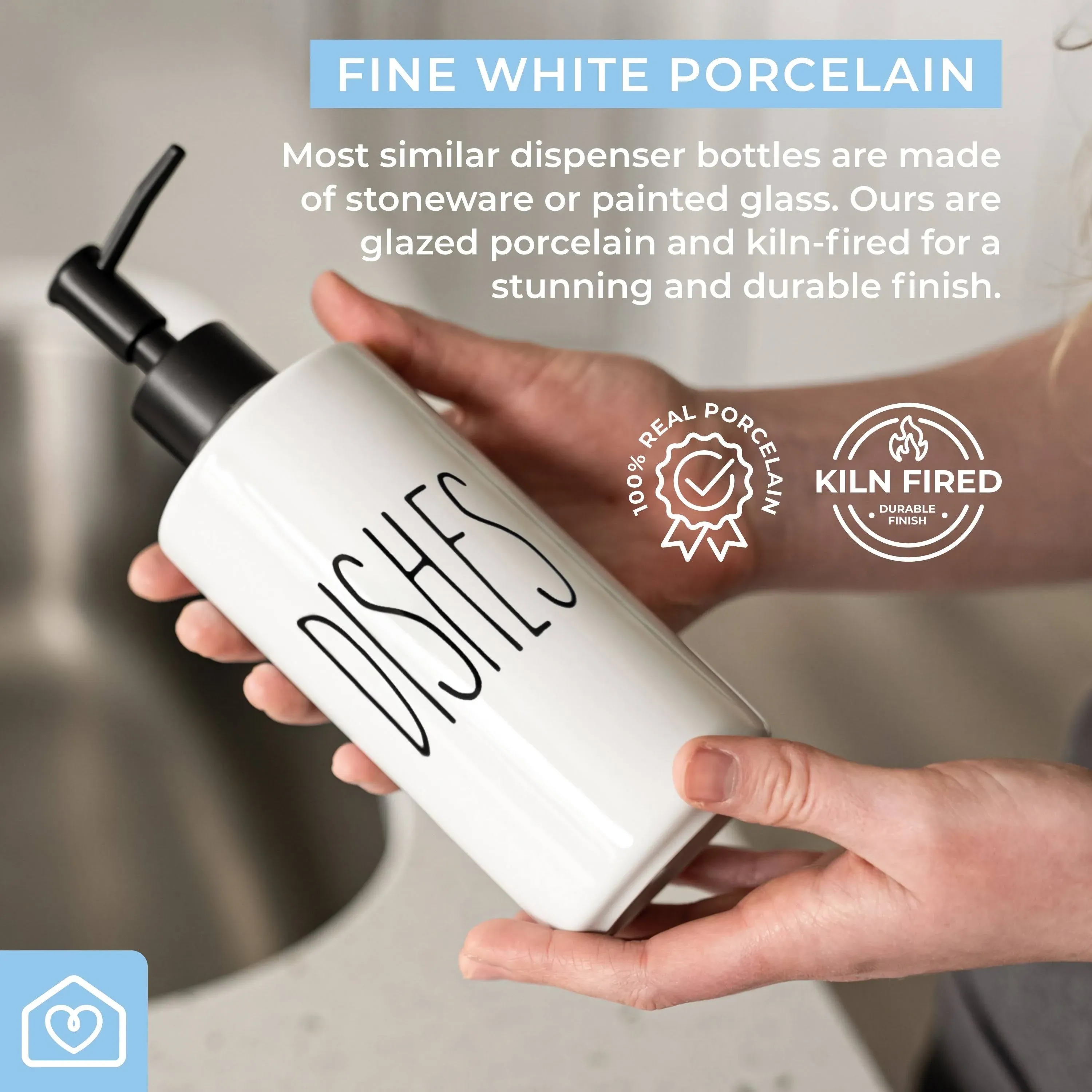 Heartland Home Porcelain 16oz Kitchen Soap Dispenser. Detergent Dispenser or Dish Soap Dispenser for Kitchen Sink. White Soap Dispenser, Modern Farmhouse Decor Dish Soap Pump for Kitchen Organization