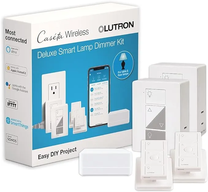 Lutron Caseta Smart Lighting Kit w/ Hub, 2 Lamp Dimmers, 2 Pico Remotes & More for 100W Lamp Light Bulbs, Works w/ Alexa, Apple Homekit, Google Home, P-BDG-PKG2P