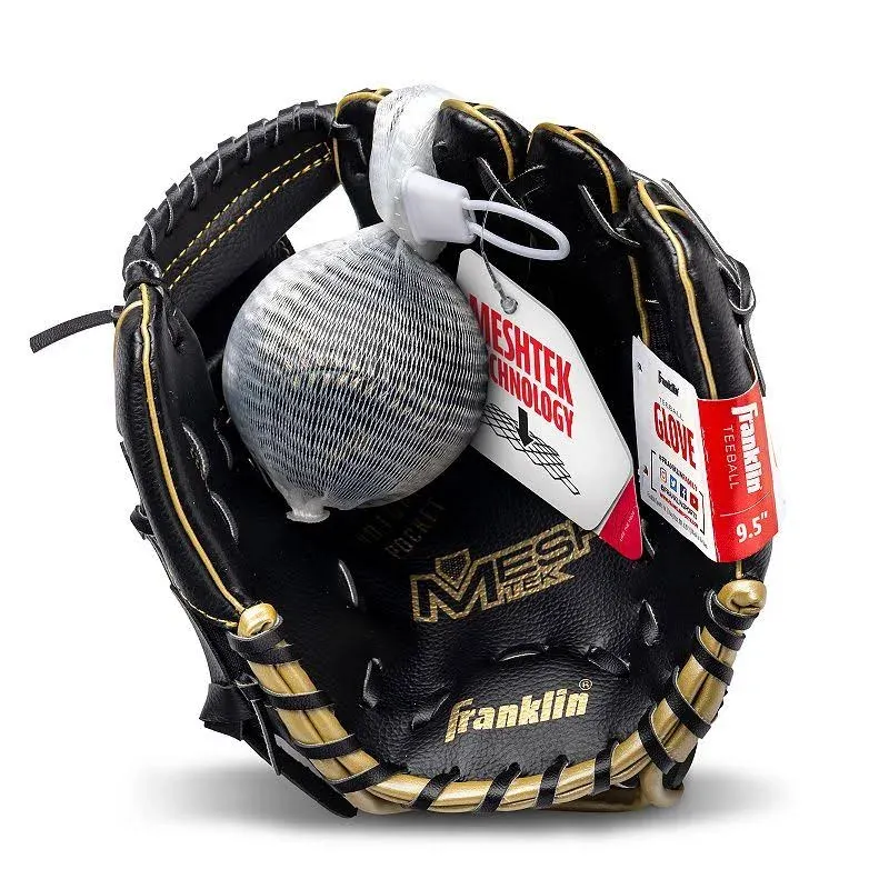 Franklin Sports Meshtek Tee ball Fielding Glove with Ball - Right Hand Throw - 9.5 In. Black and Gold