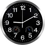 12 Inch Silver Aluminum Frame Wall Clock with Thermometer Hygrometer Battery Operated Silent Movement Decorative for Home