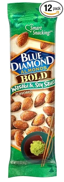 Blue Diamond Almonds, Bold Wasabi & Soy Flavored Snack Nuts, Single Serve Bags (1.5 Oz. Tubes, Pack of 12)