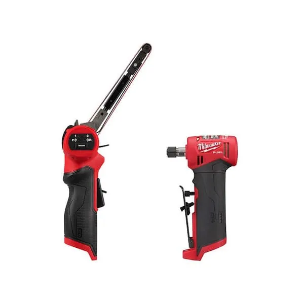 Milwaukee 2482-20-2485-20 M12 Fuel 12V Lithium-Ion Brushless Cordless 1/2 in. x 18 in. Bandfile and M12 Fuel 1/4 in. Right Angle Die Grinder