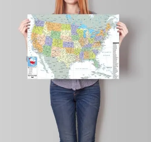 United States Map - USA Poster, US Educational Map - With State Capital - for Ages Kids to Adults- Home School Office - Printed on 12pt. Glossy Card Stock | Bulk Pack of 10 | 12 x 18 Inches