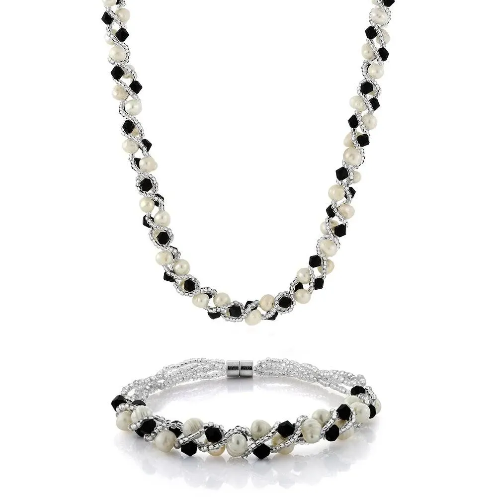 Gem Stone King 17" White Cultured Freshwater Pearl & Black Crystal Necklace + ...