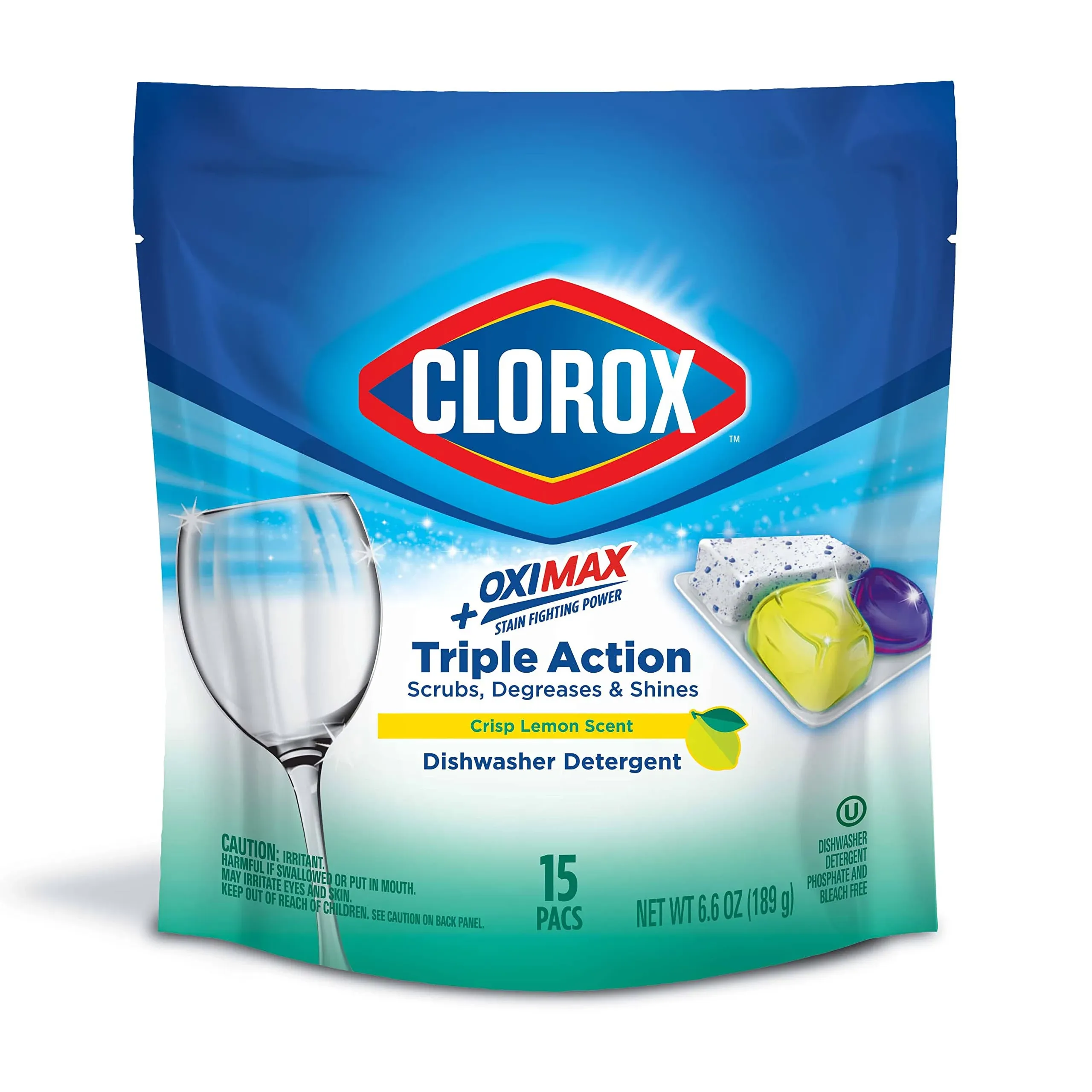 Clorox Triple Action +OxiMax Dishwasher Detergent Pacs, 15 Count Dishwashing Pacs, Lemon Scent