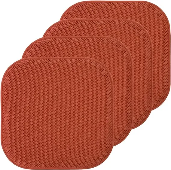 Sweet Home Collection Chair Cushion Memory Foam Pads Honeycomb Pattern Slip Non Skid Rubber Back Rounded Square 16" x 16" Seat Cover, 4 Pack, Rust