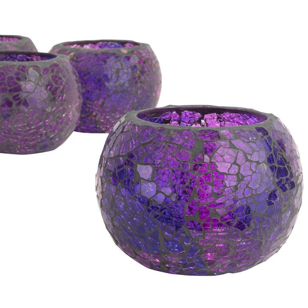 Koyal Wholesale Round Mosaic Candle Holder Glass 4 Pack, 4 Inch Bulk Stained Glass Candle Holder Tealight Holders, Cracked Glass Candle Holder Mosaic Vase For Wedding, Mosaic Votive Holder (Purple, 4)