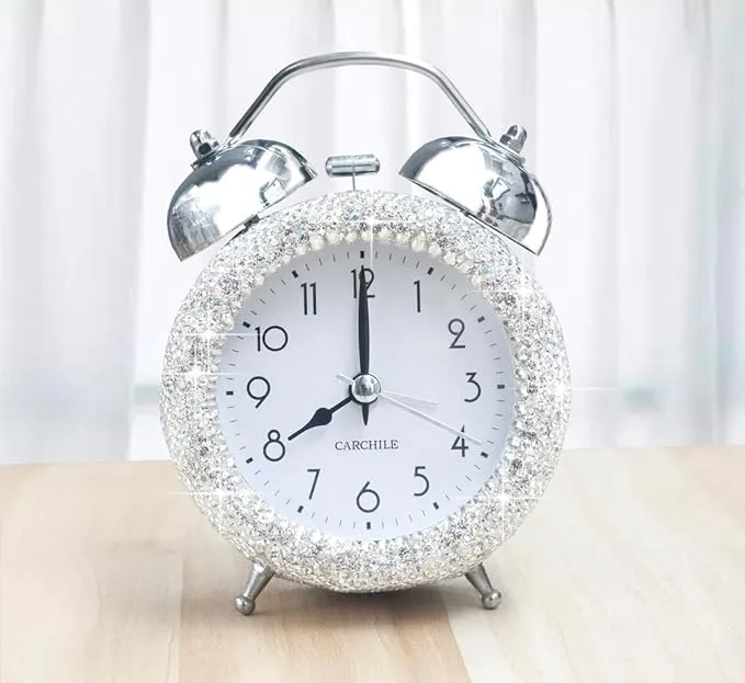 Bling Rhinestone Alarm Clock Morning Call for Bedroom Houser Desktop Home and Office Artistic Decorations (Silver)