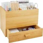 Bamboo Desk Organizer with Drawer Makeup Storage Drawer Pen Holder Box Home Office Workspace Bathroom Toiletries Supplies No Assembly Required