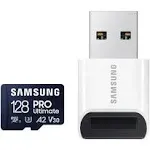 SAMSUNG PRO Ultimate microSD Memory Card + Adapter, 128GB microSDXC, Up to 200 MB/s, 4K UHD, UHS-I, Class 10, U3,V30, A2 for GoPRO Action Cam, DJI Drone, Gaming, Phones, Tablets, MB-MY128SA/AM