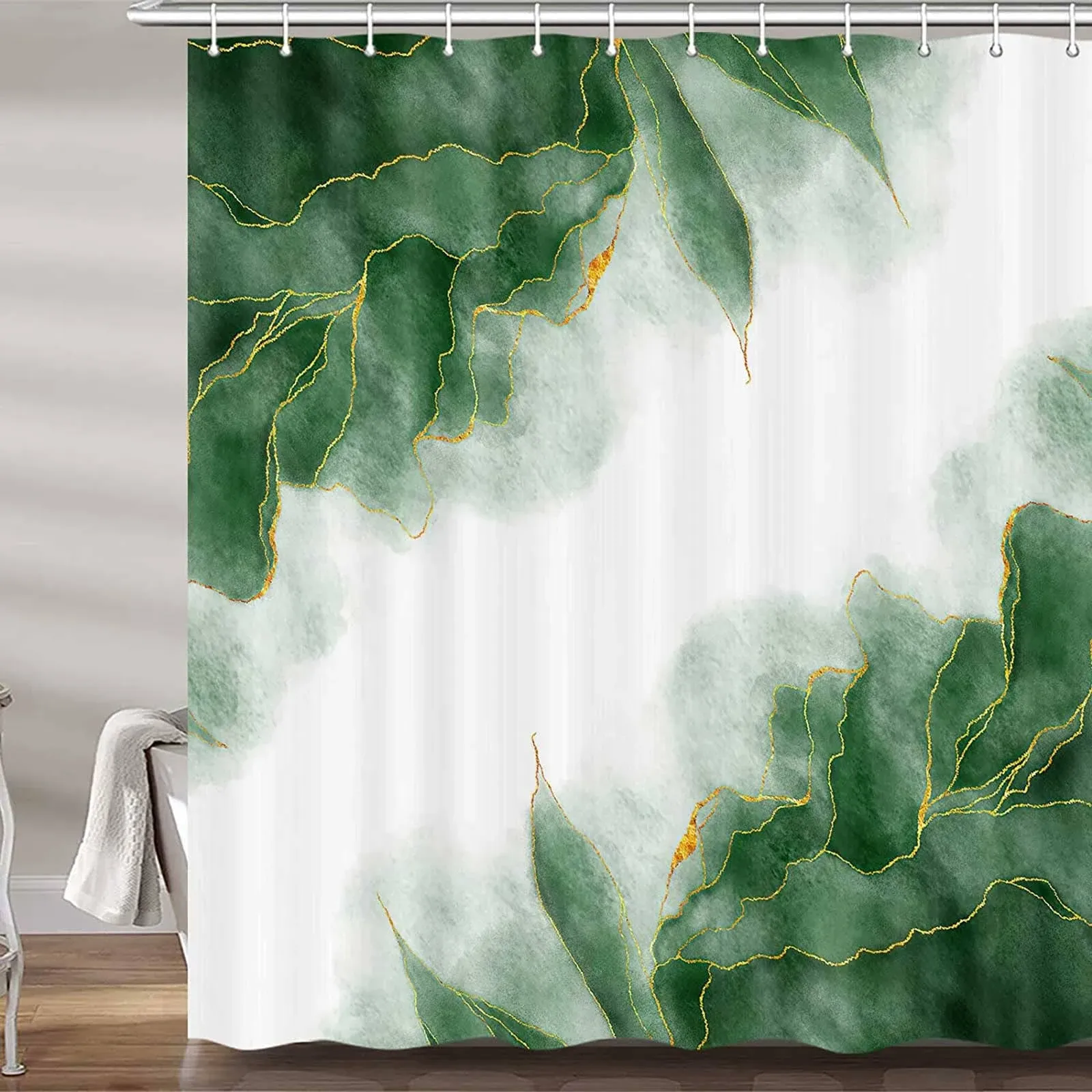 Green and Gold Marble Shower Curtain Set