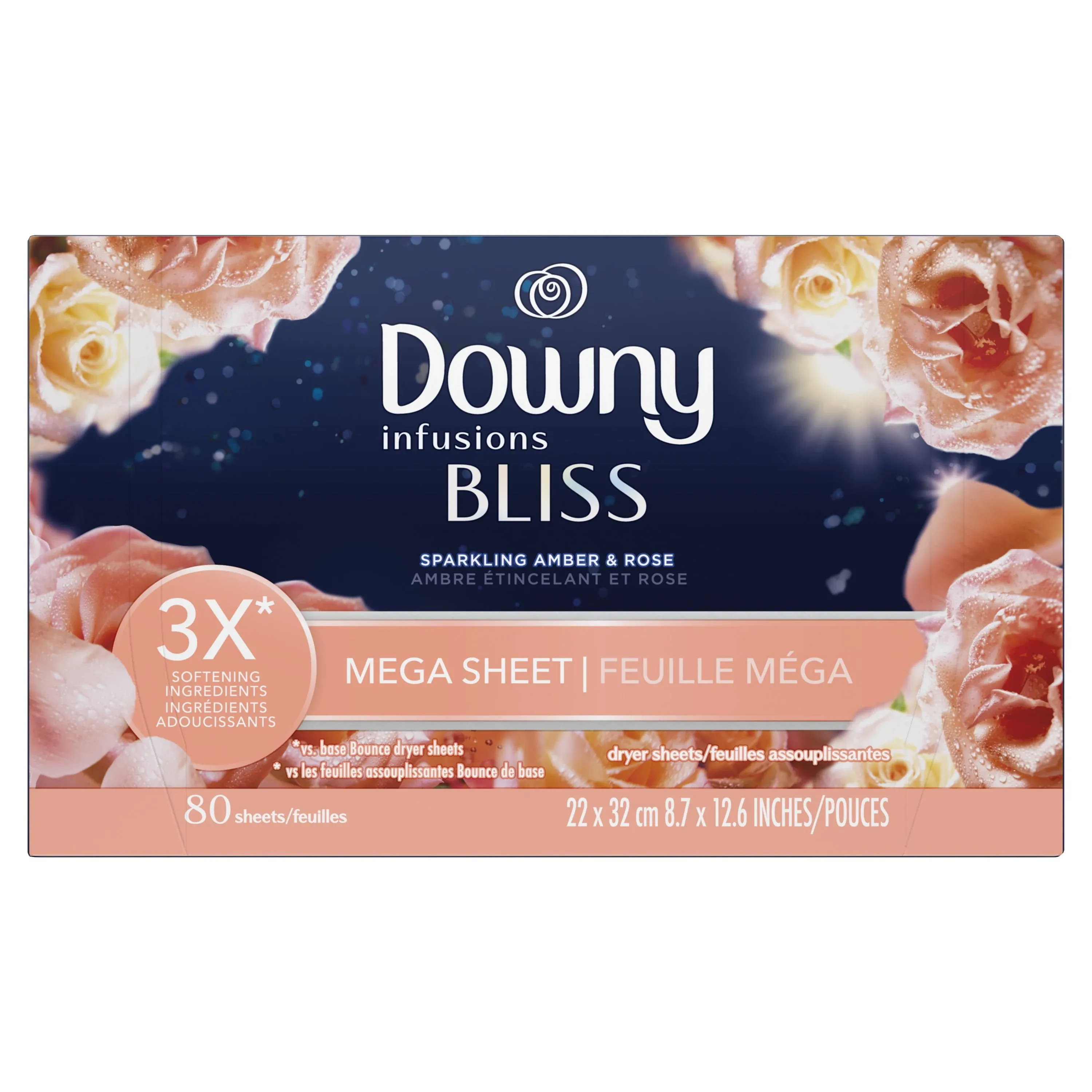 Downy Infusions Mega Dryer Sheets, BLISS, Amber and Rose, 80 Count