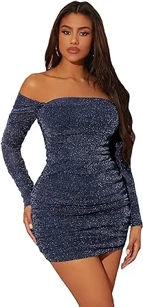 WDIRARA Women&#039;s Off The Shoulder Long Sleeve Ruched Glitter Cocktail Party Bodyc