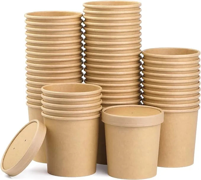 50 ​Pack Disposable Soup Cups, 16 oz Disposable Kraft Paper Bowls with Vented Lids, Paper Soup Cups, Kraft Paper Containers for Food, Paper Food Cups for Dessert Soup Ice Cream