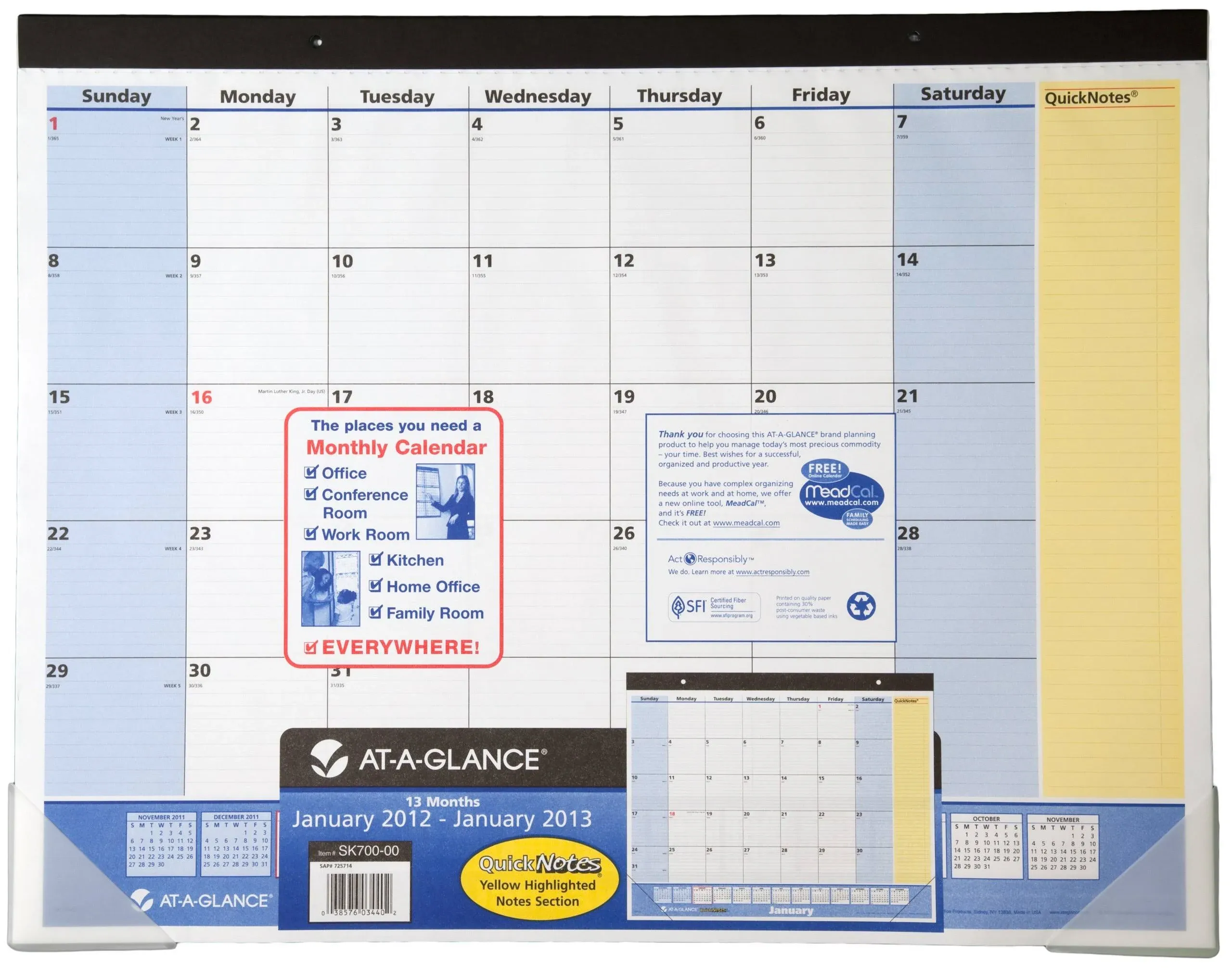 AT-A-GLANCE QuickNotes Recycled Desk Pad, 22 x 17 Inches, Blue/Yellow, 2013 (SK700-00)