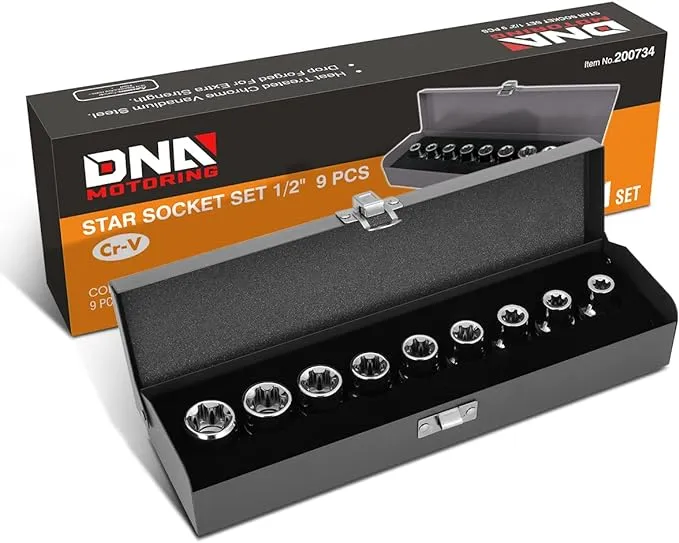 DNA Motoring TOOLS-00133 9 Pieces 1/2-Inch Drive External Torx Socket Set - E10, E11, E12, E14, E16, E18, E20, E22, E24, w/Tin Carrying Case