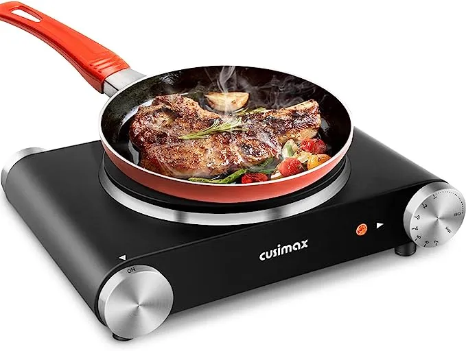 CUSIMAX Electric Hot Plate for Cooking Portable Single Burner 1500W Cast Iron Hot plates Heat-up in Seconds Adjustable Temperature Control Stainless