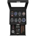 SONGMICS 8-Slot Watch Box, Christmas Gifts, Lockable Watch Case with Glass Lid, 2 Layers, with 1 Drawer for Rings, Bracelets, Gift Idea, Black