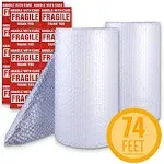 Bubble Cushioning Wrap Roll 2 Pack 3/16" Air Bubble 12 inch x 74 Feet Total Perforated Every 12 inch with 20pcs Fragile Stickers Packing Supplies