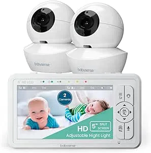 Babysense 5" HD Split-Screen Baby Monitor, Video Baby Monitor with 2 Cameras and Audio, Night Light, 1000ft Range, Two-Way Audio, 4X Zoom, Night Vision, 4000mAh Battery