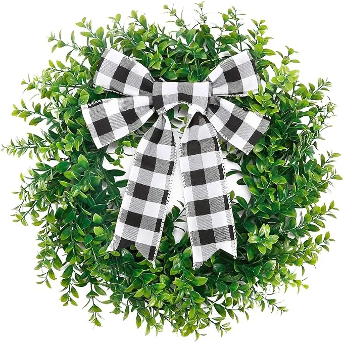 CEWOR 15in Artificial Boxwood Wreath Spring Summer Wreath Artificial Greenery Leaves Wreath for Front Door Wall Window Porch Farmhouse Patio Garden Indoor and Outdoor Decor