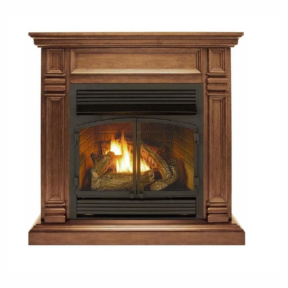 Duluth Forge Dual Fuel Ventless Gas Fireplace System Mantle, Remote, 6-Logs, NG/Propane, 32,000 BTU, Heats 1500 sq. ft. - Almond 170160